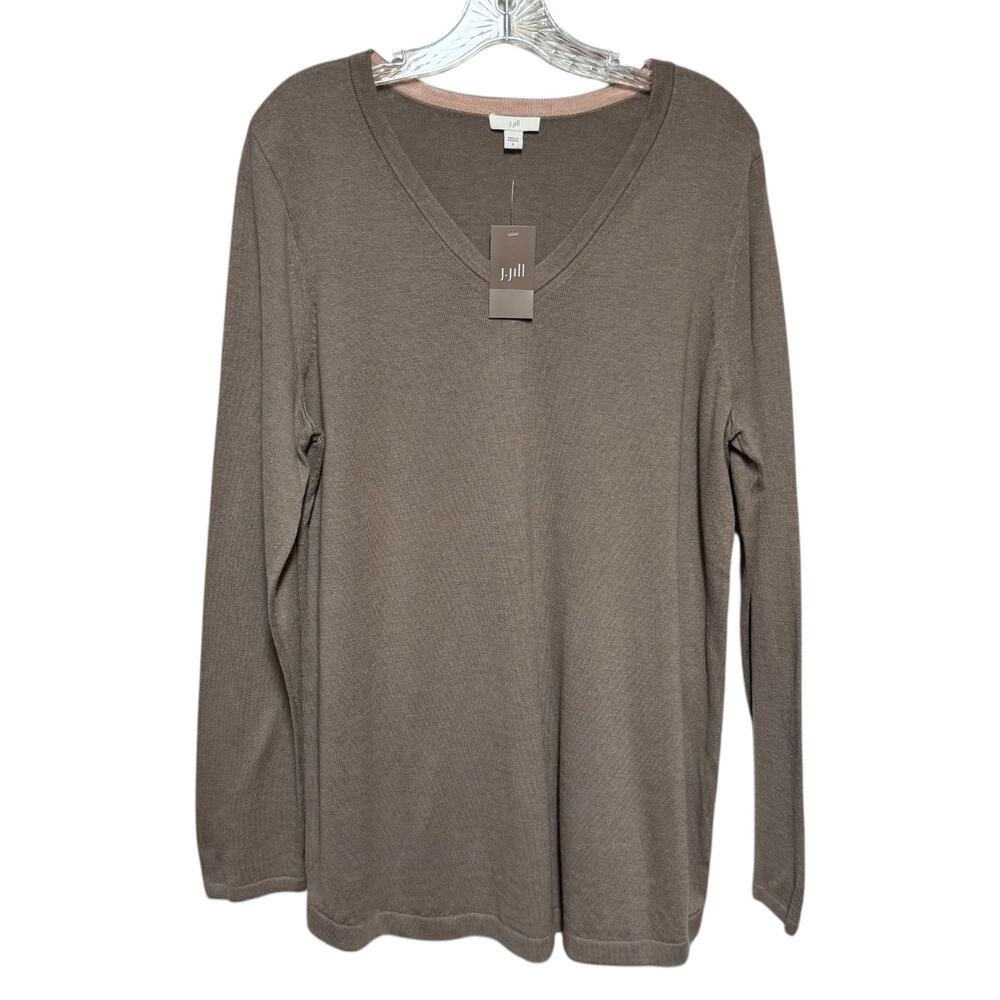 J.Jill Cotton V-Neck Sweater Driftwood Beige Large